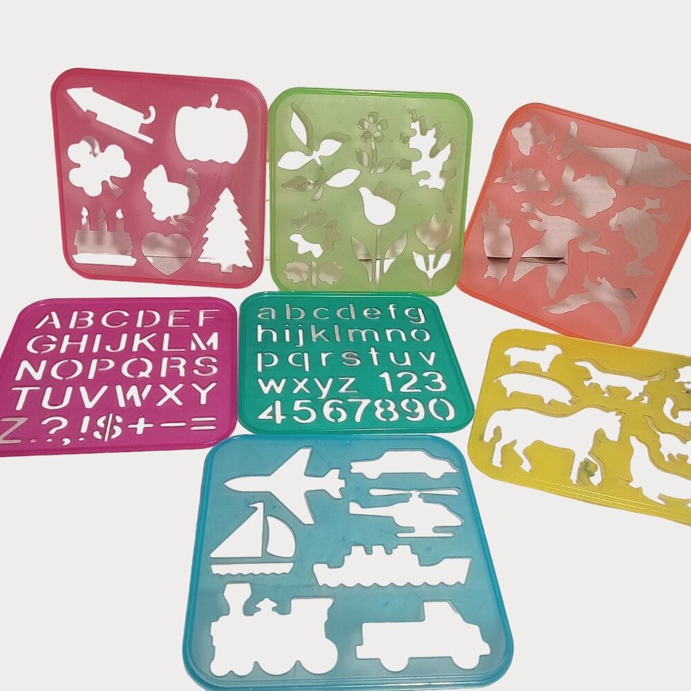Tupperware Vintage 80s 7 Colorful Stencils Animals Shapes Trees Transportation